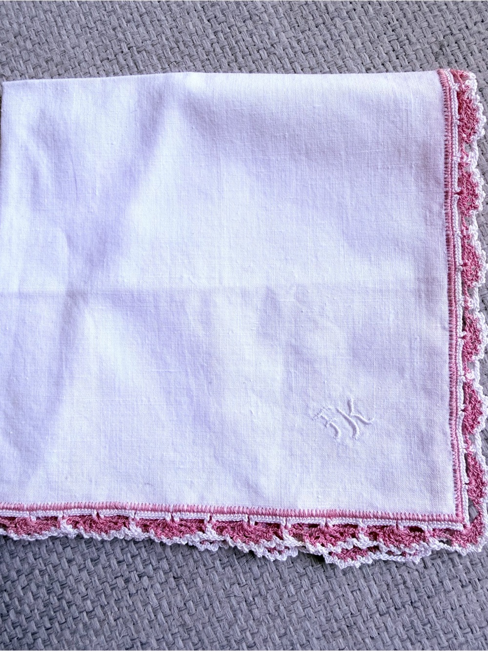 Vintage - White Linen Handkerchief with Pink Crochet Edge